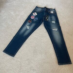 Blue Slim Straight Jeans with Distressed Details